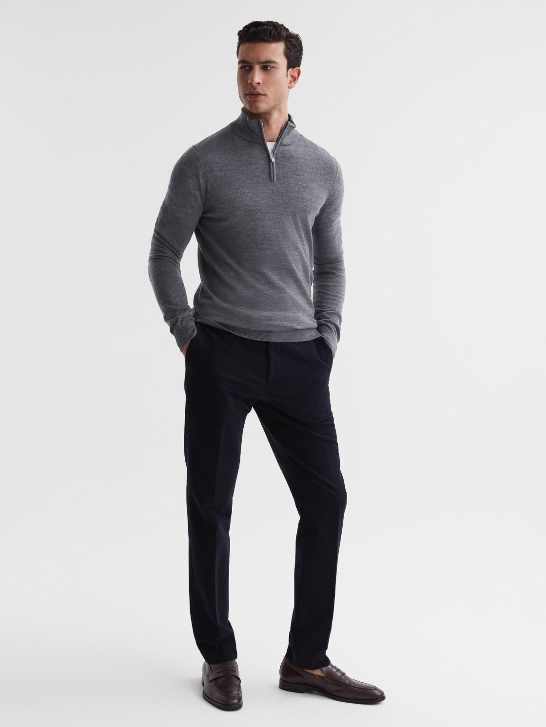 Reiss Knitwear | Blackhall Merino Wool Zip Neck Jumper Mid Grey Melange - Men