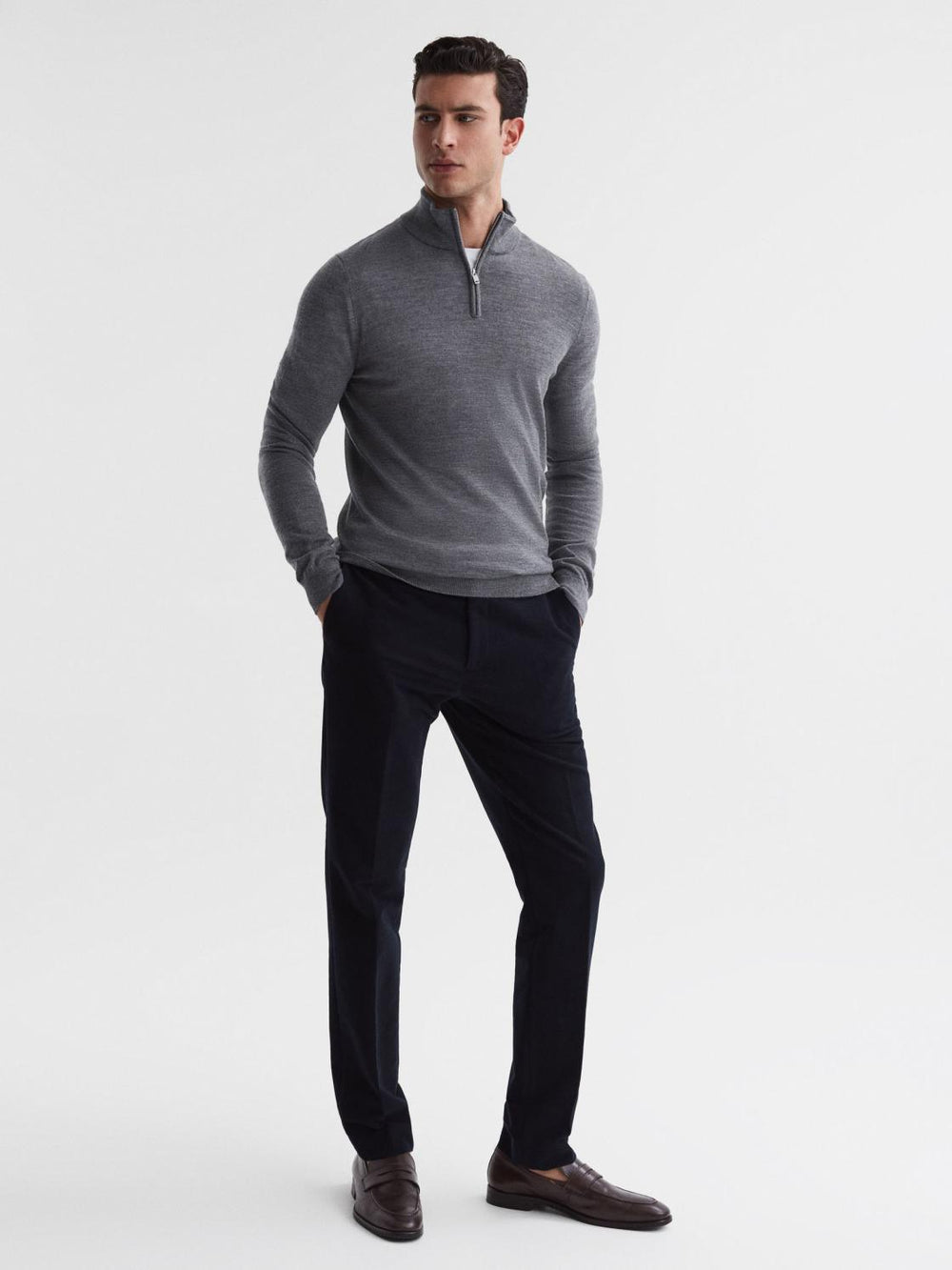 Reiss Knitwear | Blackhall Merino Wool Zip Neck Jumper Mid Grey Melange - Men