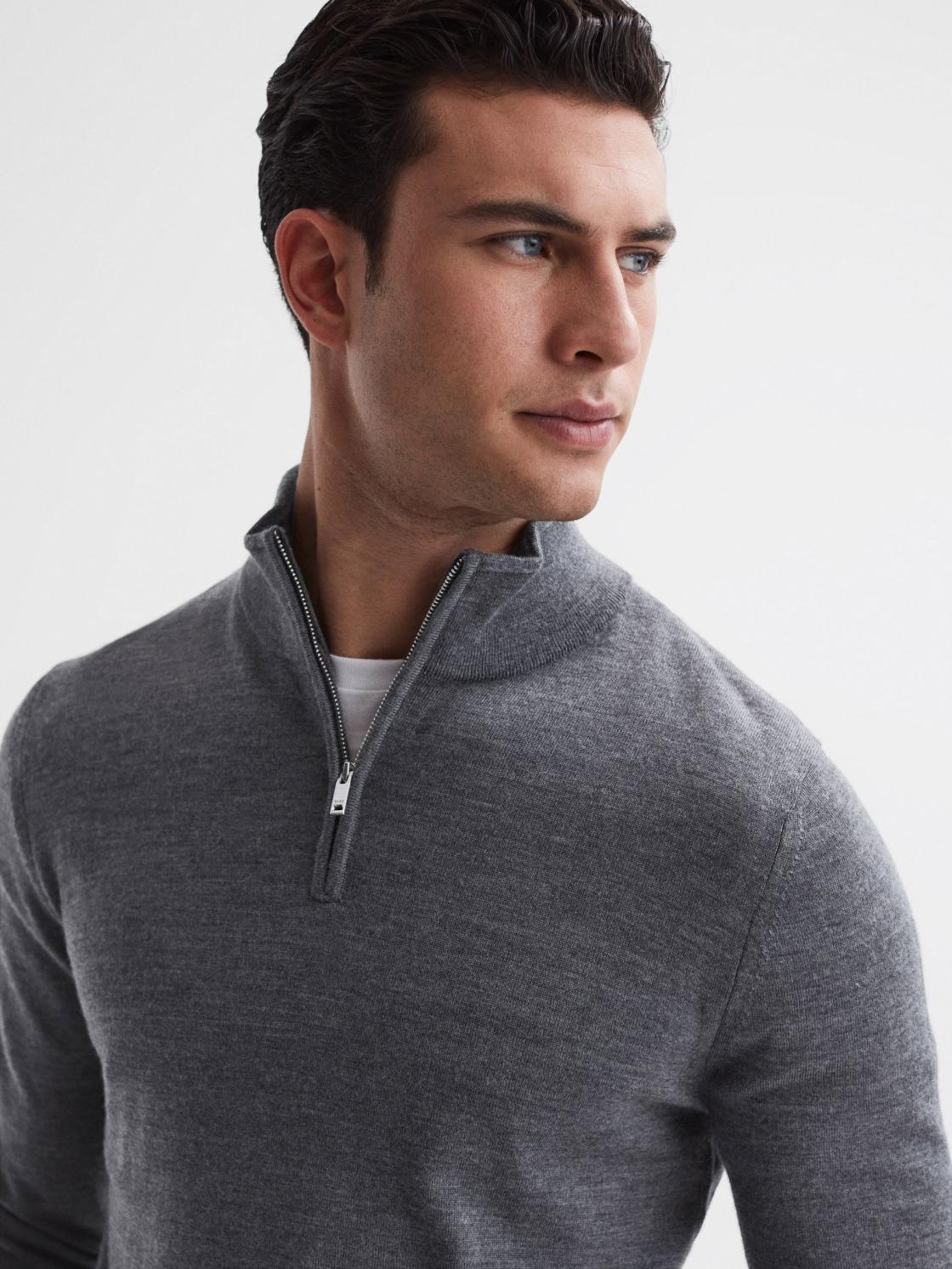 Reiss Knitwear | Blackhall Merino Wool Zip Neck Jumper Mid Grey Melange - Men