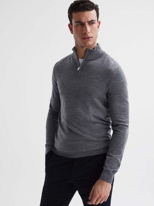 Reiss Knitwear | Blackhall Merino Wool Zip Neck Jumper Mid Grey Melange - Men