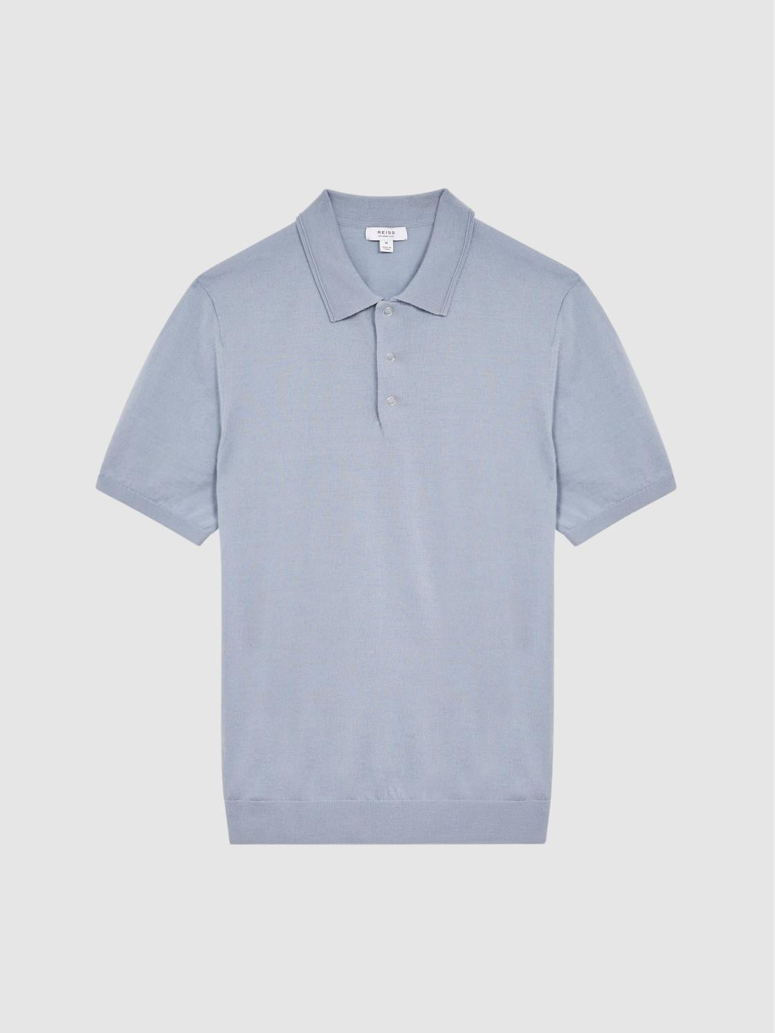 Reiss Knitwear | Blair Blue Merino Press Stud Polo Shirt Dove Blue - Men