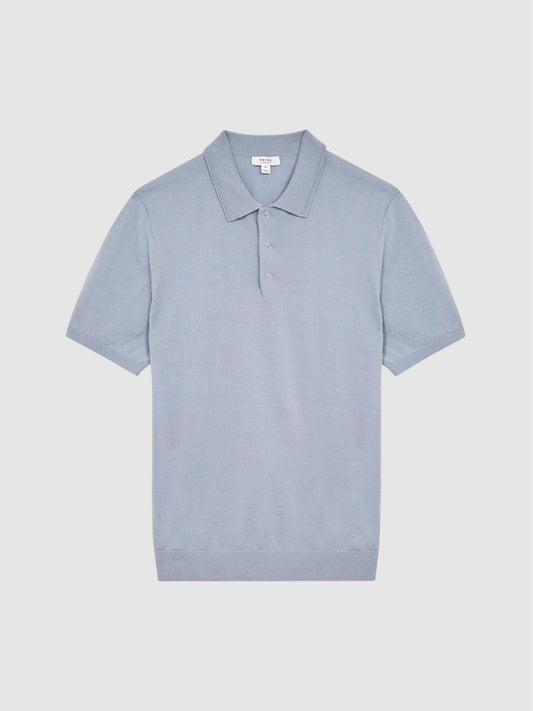 Reiss Knitwear | Blair Blue Merino Press Stud Polo Shirt Dove Blue - Men
