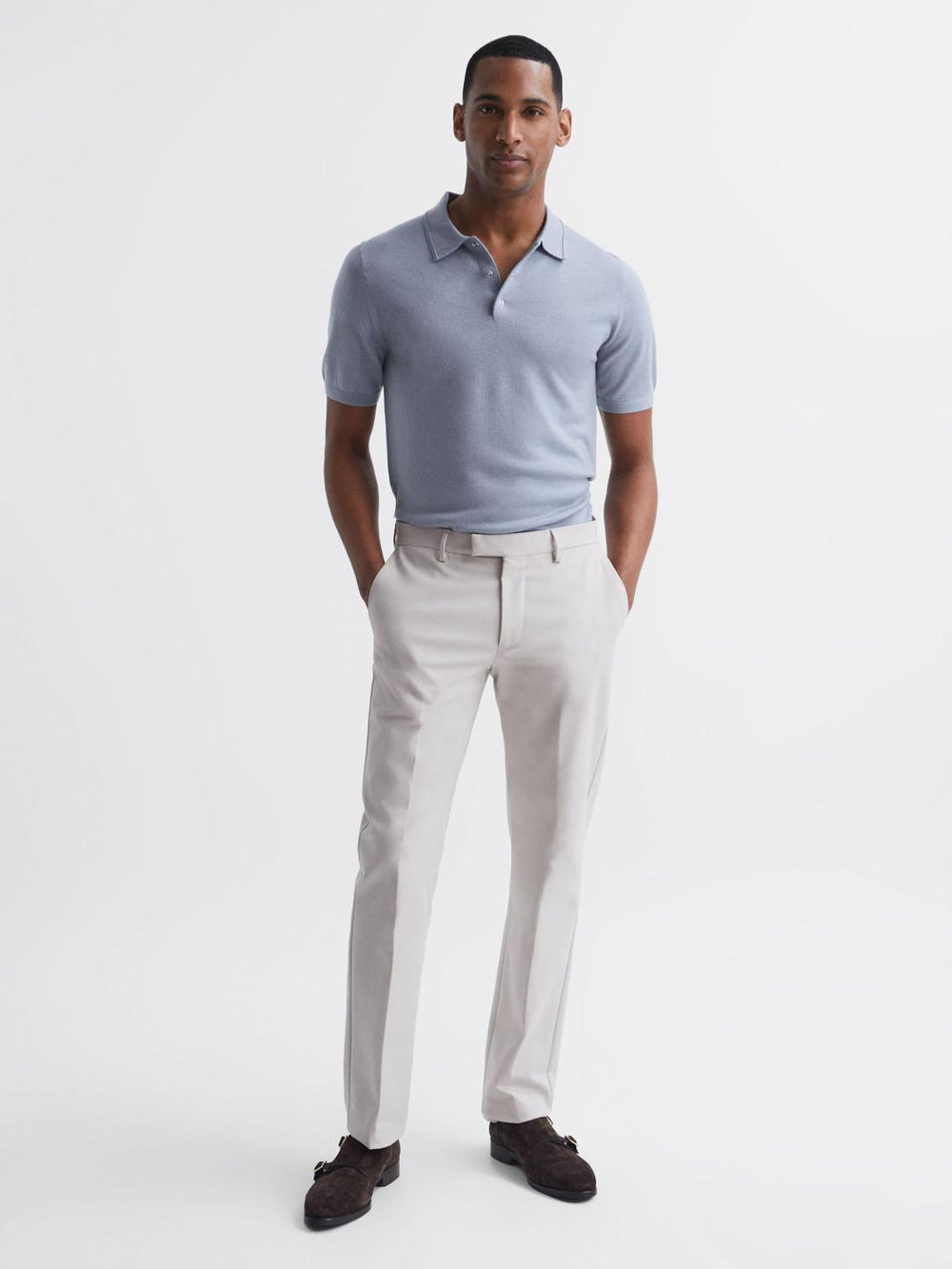 Reiss Knitwear | Blair Blue Merino Press Stud Polo Shirt Dove Blue - Men