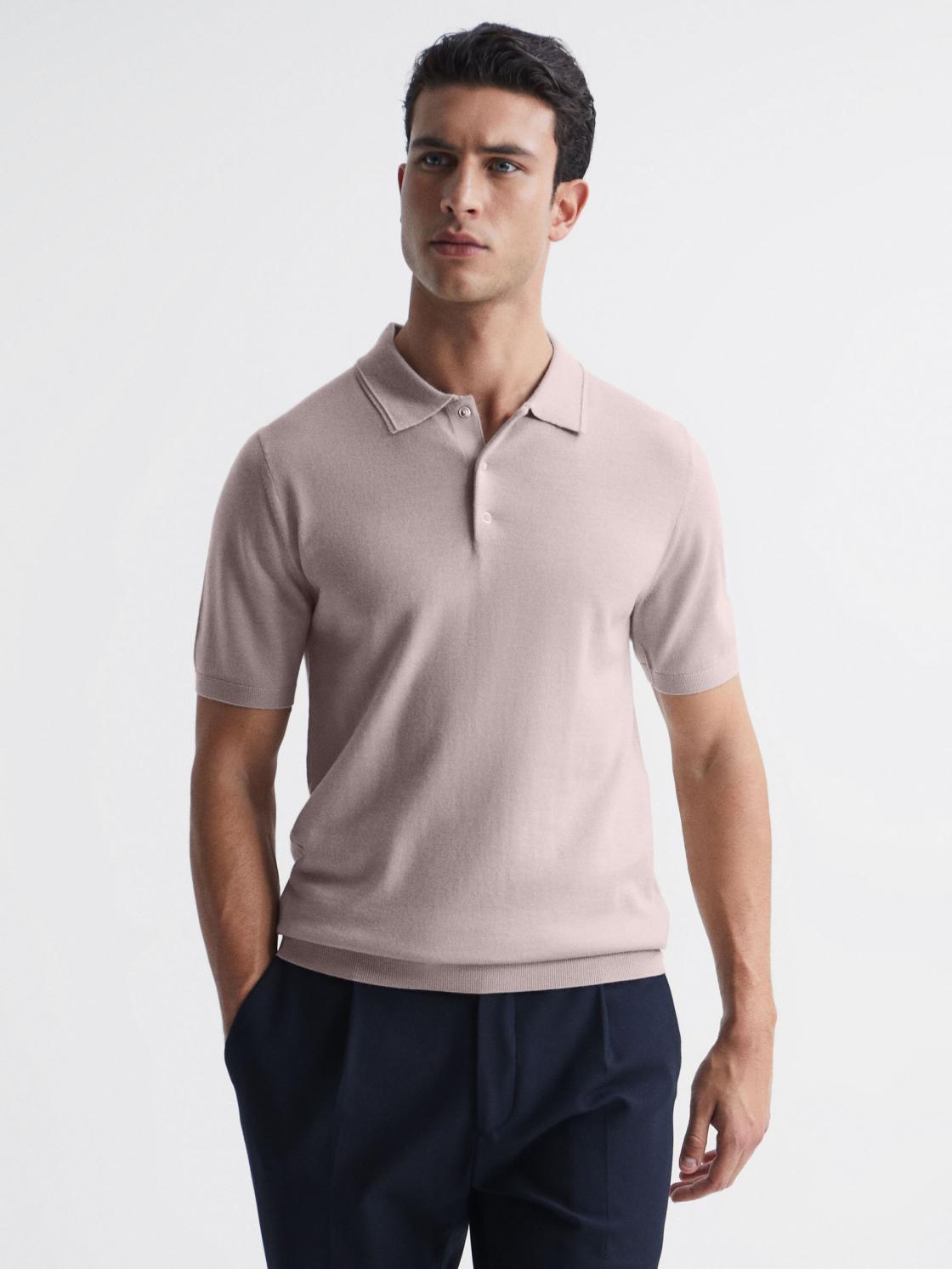 Reiss Knitwear | Blair Merino Press Stud Polo T-Shirt Stone - Men