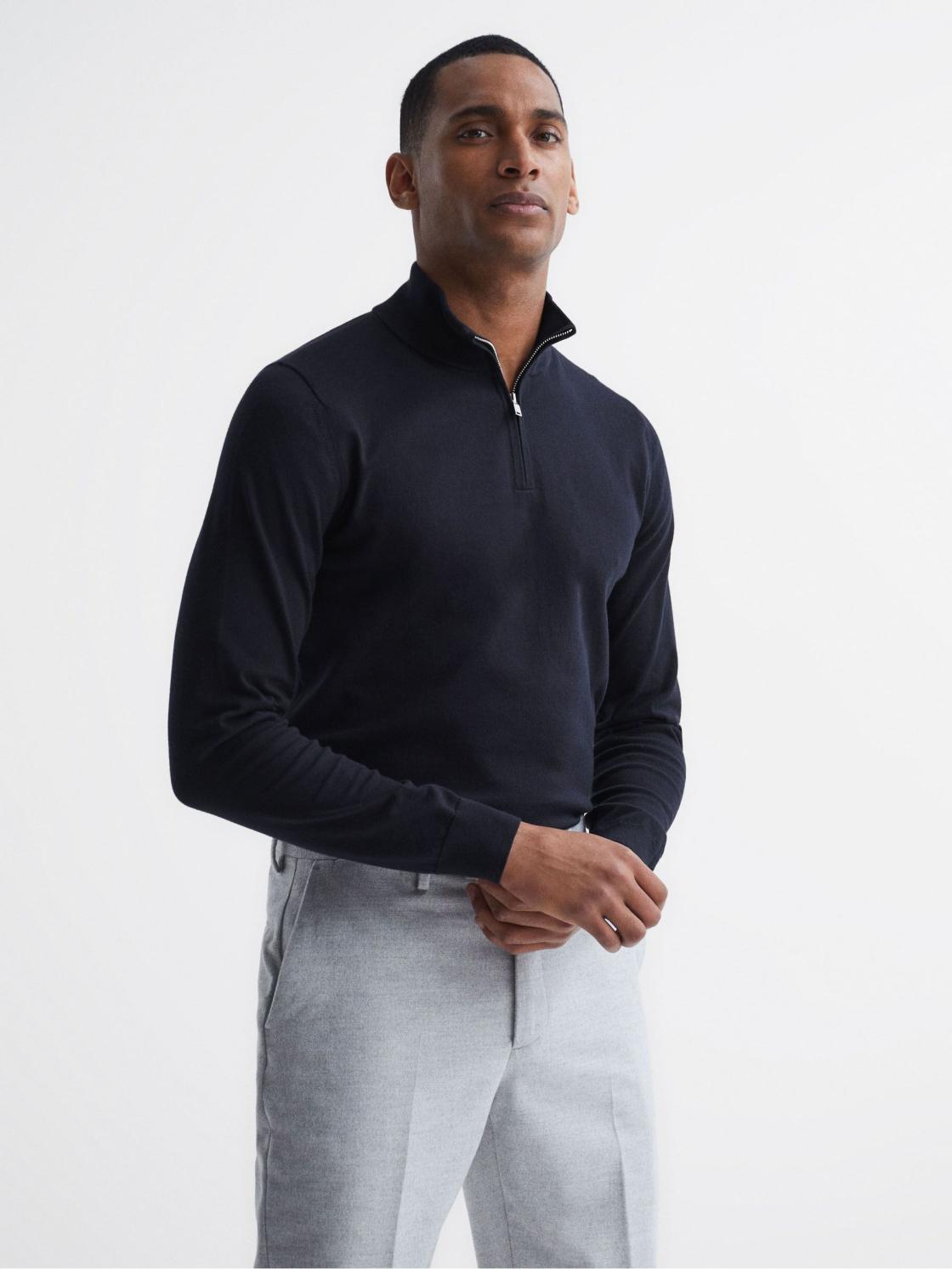 Reiss Knitwear | Bond Half Zip Funnel Neck Cotton Jumper Navy - Men