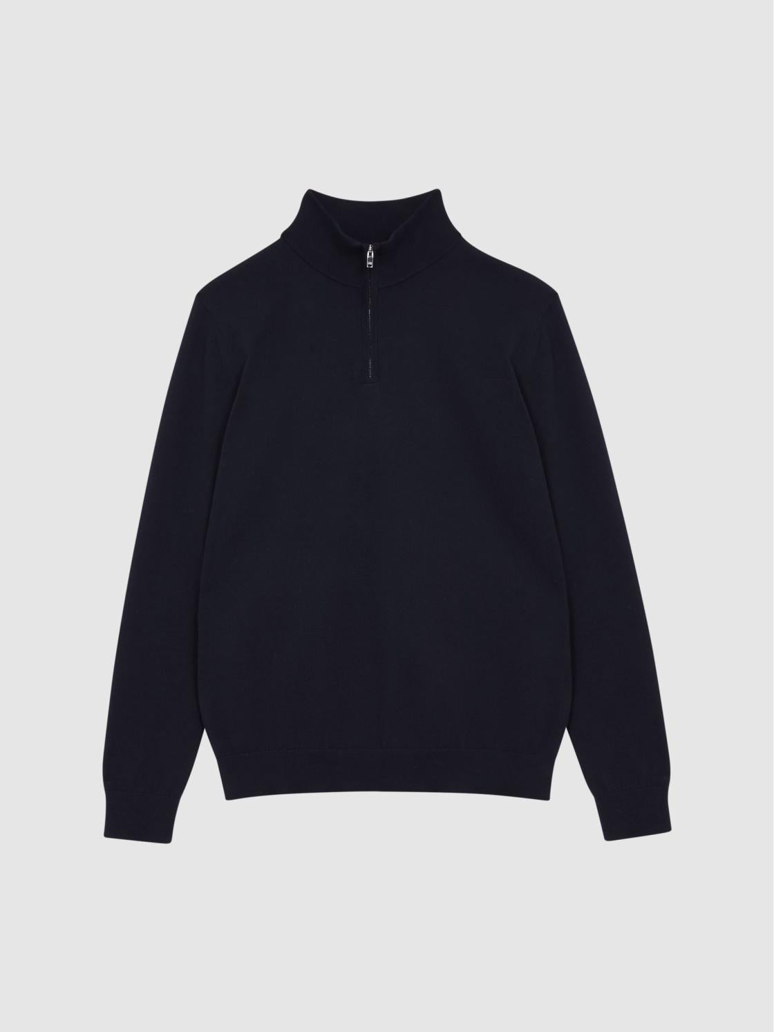 Reiss Knitwear | Bond Half Zip Funnel Neck Cotton Jumper Navy - Men