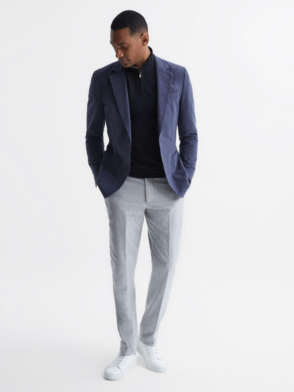 Reiss Knitwear | Bond Half Zip Funnel Neck Cotton Jumper Navy - Men