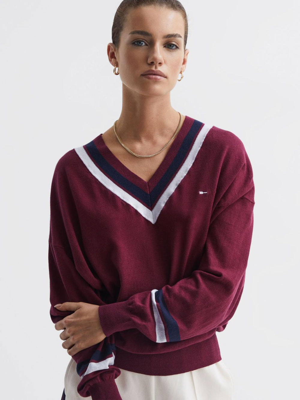 Reiss Knitwear | Bonita The Upside V-Neck Jumper Dark Red - Women