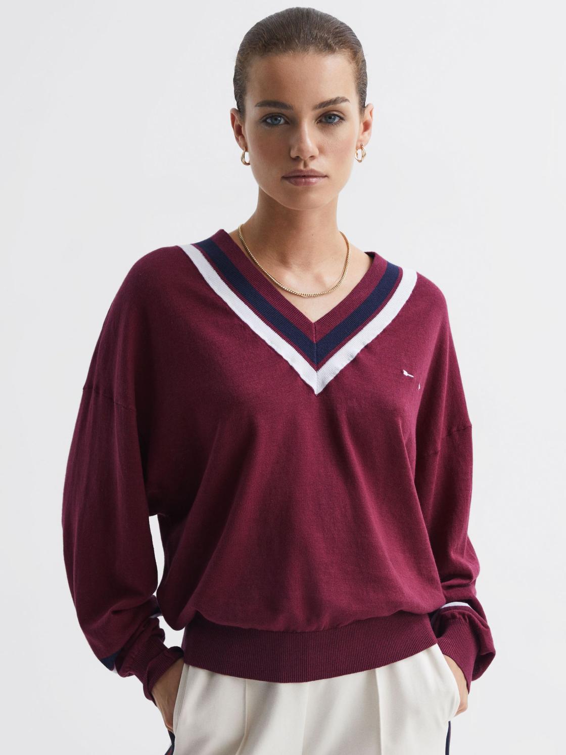 Reiss Knitwear | Bonita The Upside V-Neck Jumper Dark Red - Women