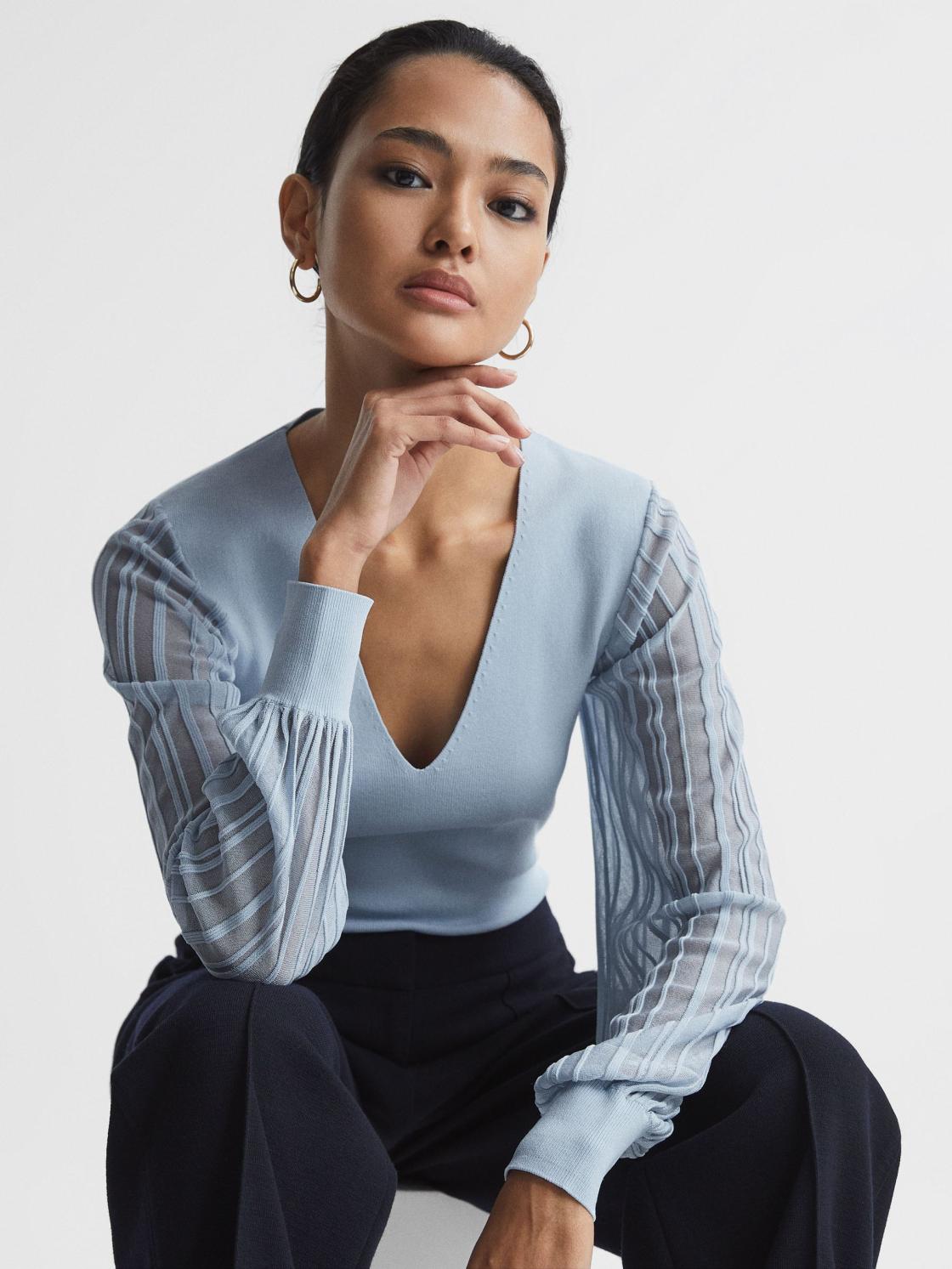 Reiss Knitwear | Brooklyn Sheer Sleeve Top Ivory - Women