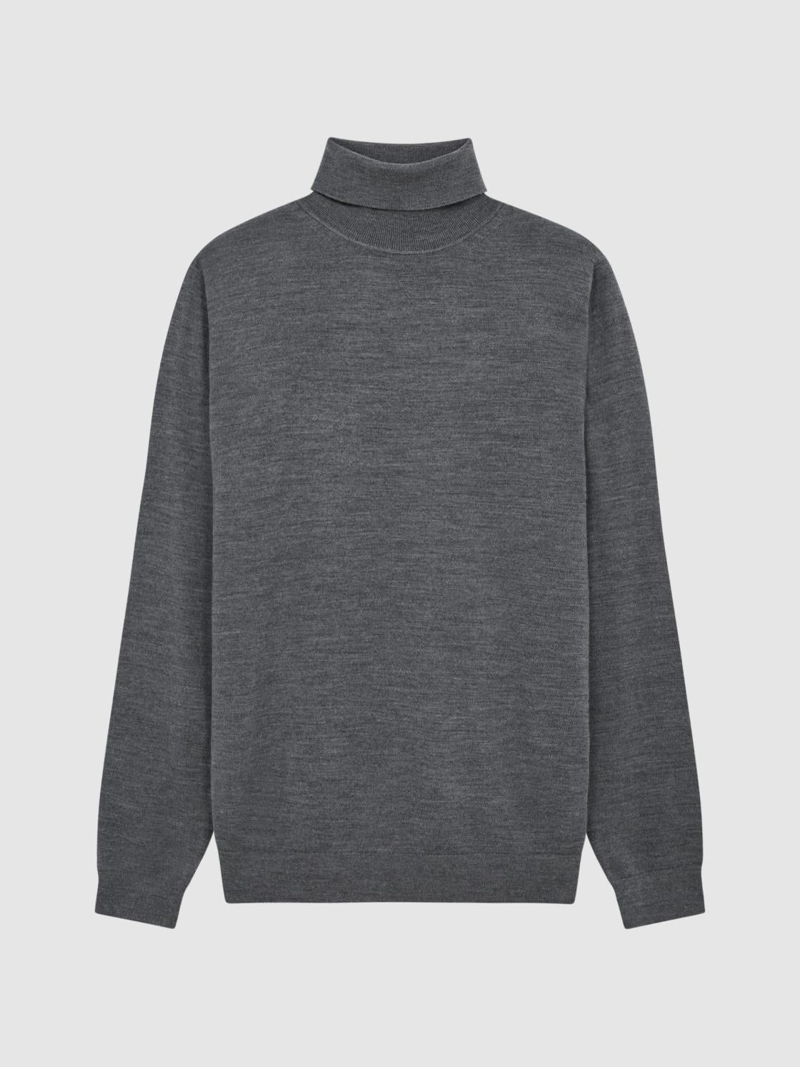 Reiss Knitwear | Caine Merino Wool Roll Neck Jumper Mid Grey Melange - Men