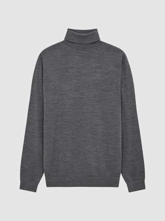 Reiss Knitwear | Caine Merino Wool Roll Neck Jumper Mid Grey Melange - Men
