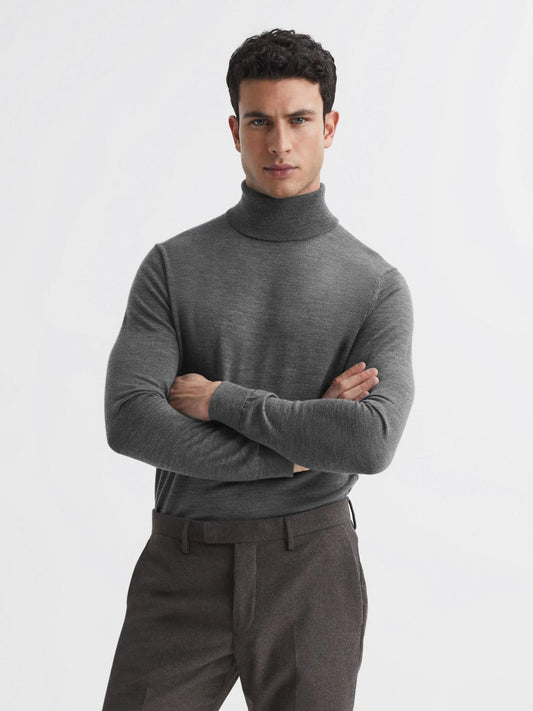 Reiss Knitwear | Caine Merino Wool Roll Neck Jumper Mid Grey Melange - Men