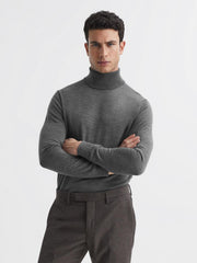 Reiss Knitwear | Caine Merino Wool Roll Neck Jumper Mid Grey Melange - Men