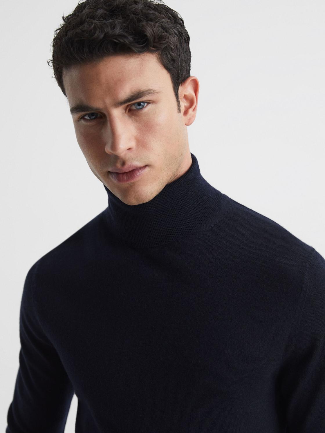 Reiss Knitwear | Caine Merino Wool Roll Neck Jumper Navy - Men