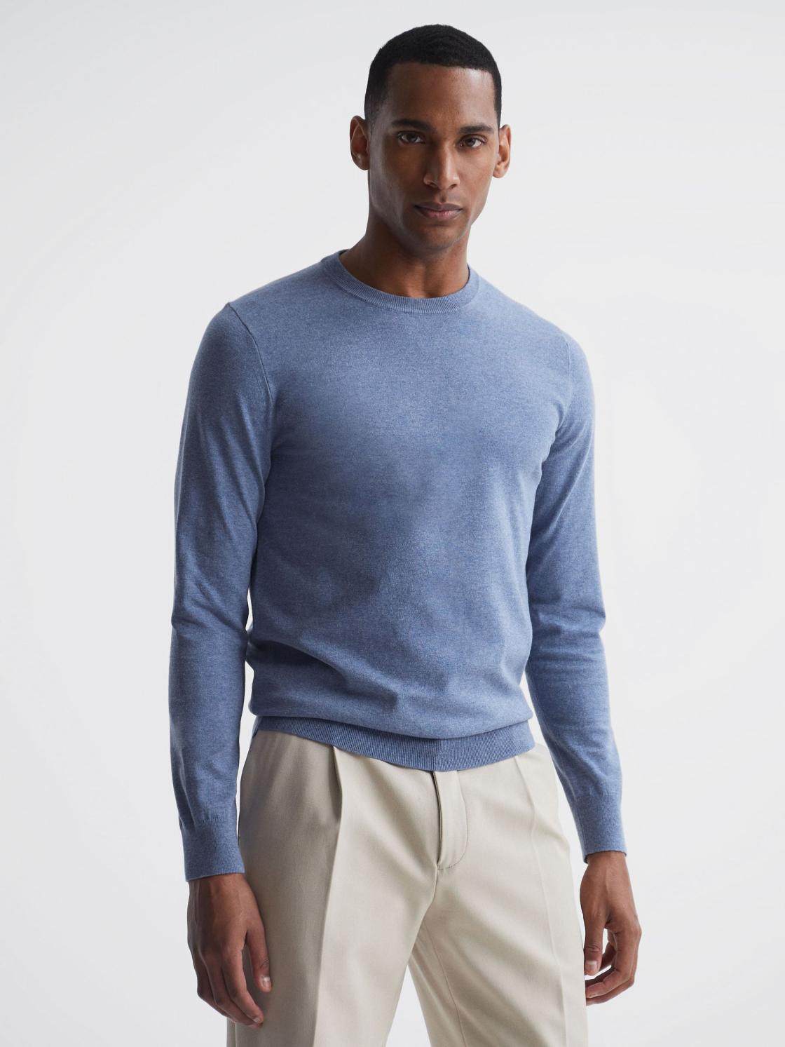 Reiss Knitwear | Charles Slim Fit Cotton Crew Neck Jumper Blue - Men