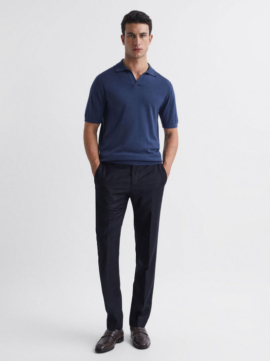 Reiss Knitwear | Duchie Merino Wool Open Collar Polo Shirt Azure - Men