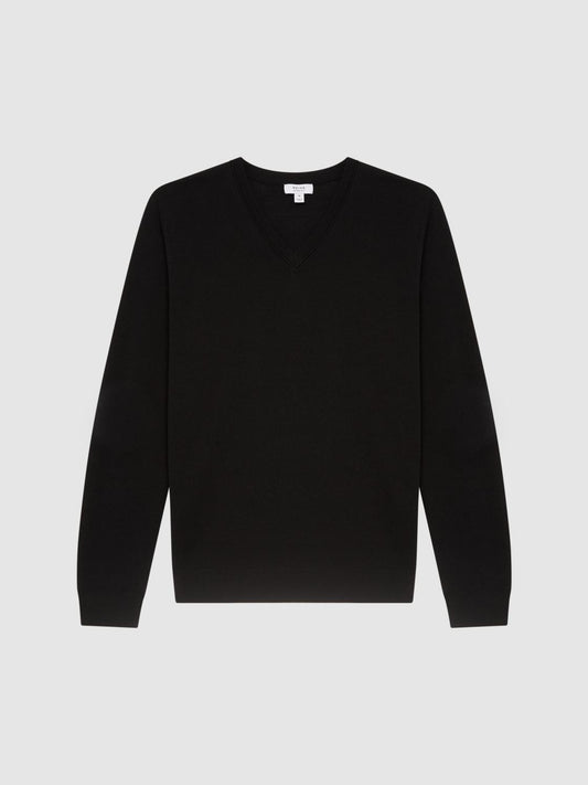 Reiss Knitwear | Earl Merino V-Neck Jumper Black - Men