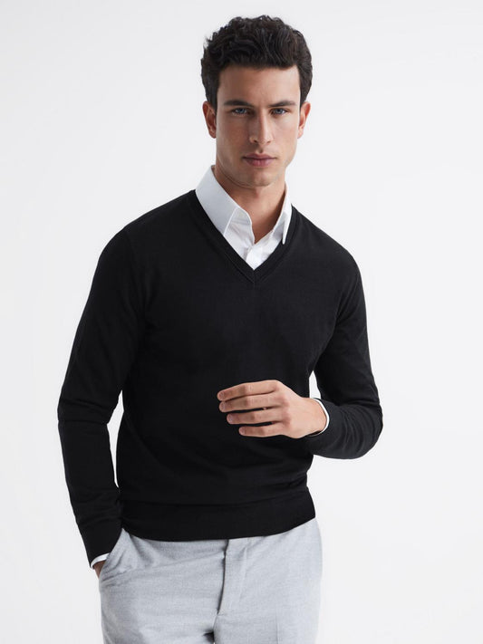 Reiss Knitwear | Earl Merino V-Neck Jumper Black - Men