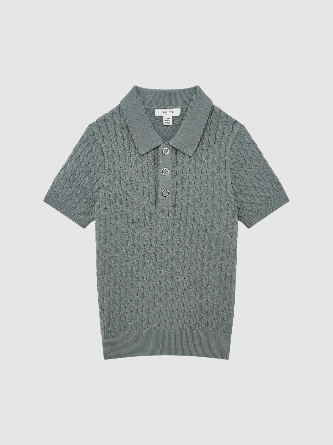 Reiss Knitwear | Eli Press Stud Cable Knit Polo Shirt Dark Sage - Children