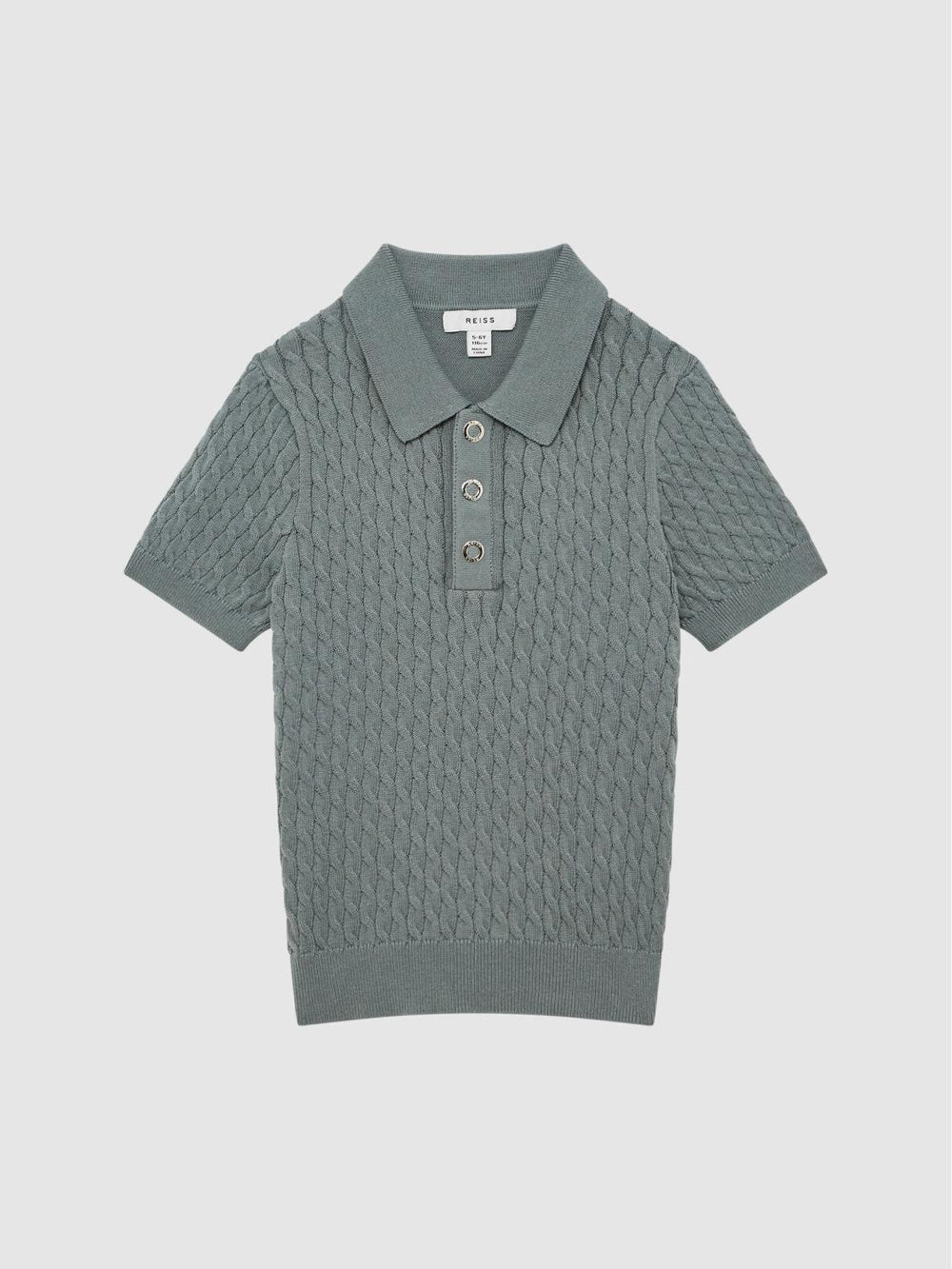 Reiss Knitwear | Eli Press Stud Cable Knit Polo Shirt Dark Sage - Children