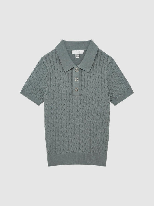 Reiss Knitwear | Eli Press Stud Cable Knit Polo Shirt Dark Sage - Children