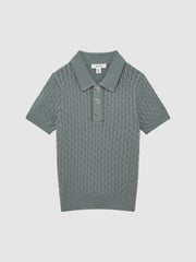Reiss Knitwear | Eli Press Stud Cable Knit Polo Shirt Dark Sage - Children