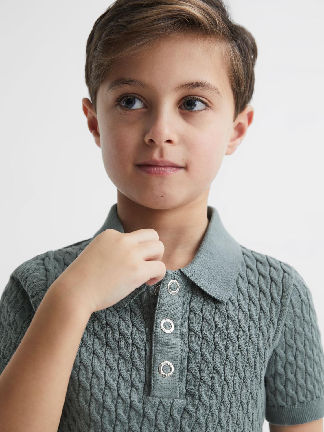Reiss Knitwear | Eli Press Stud Cable Knit Polo Shirt Dark Sage - Children