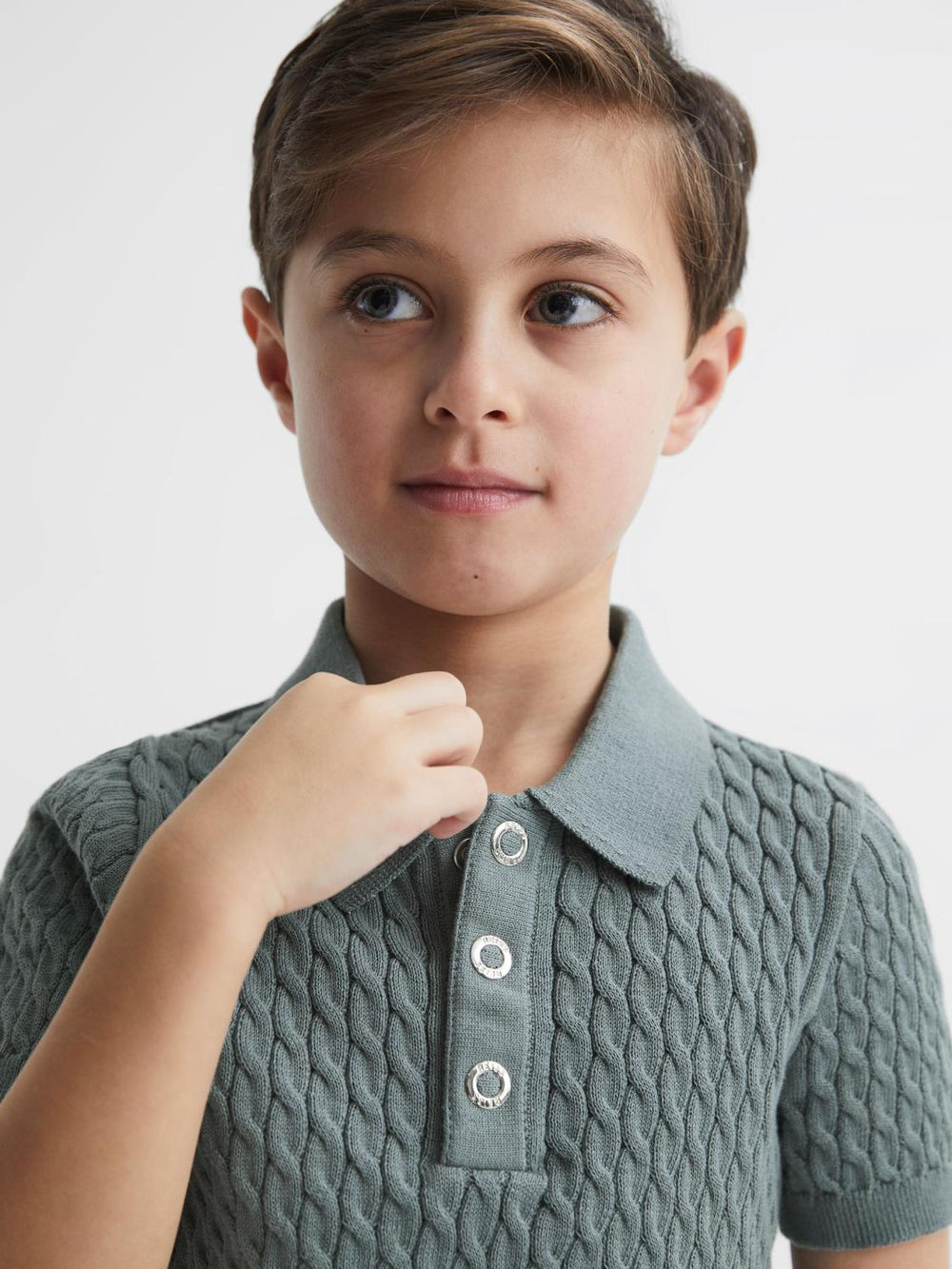 Reiss Knitwear | Eli Press Stud Cable Knit Polo Shirt Dark Sage - Children