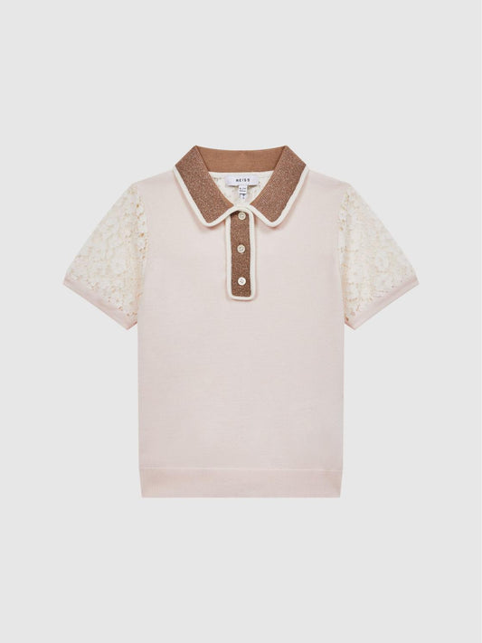 Reiss Knitwear | Eliza Lace Back Polo Pink - Children