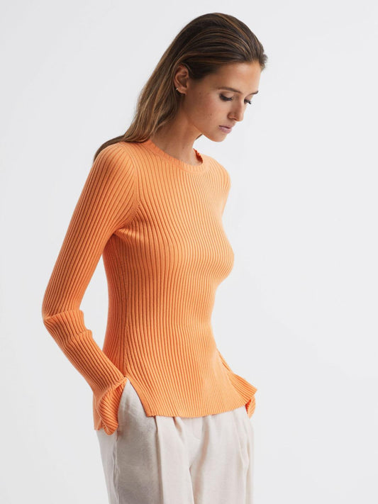 Reiss Knitwear | Elle Slim Fit Ribbed Crew Neck Split Sleeve Jumper Cream - Women