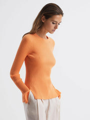 Reiss Knitwear | Elle Slim Fit Ribbed Crew Neck Split Sleeve Jumper Cream - Women