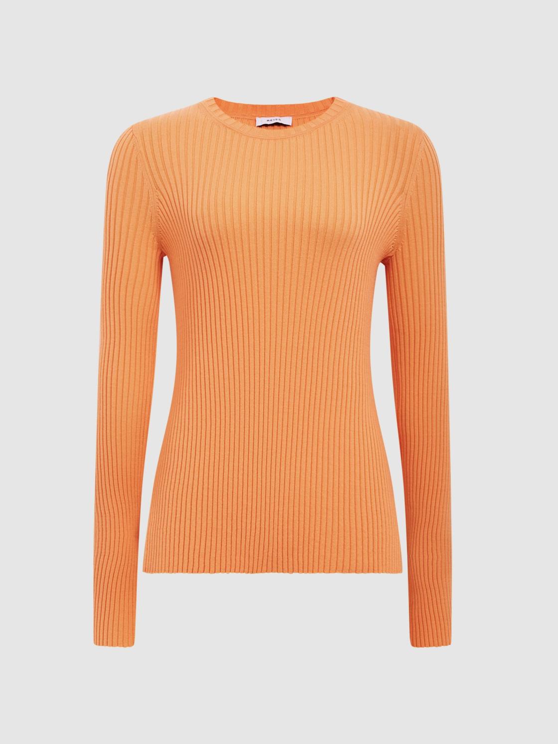 Reiss Knitwear | Elle Slim Fit Ribbed Crew Neck Split Sleeve Jumper Cream - Women