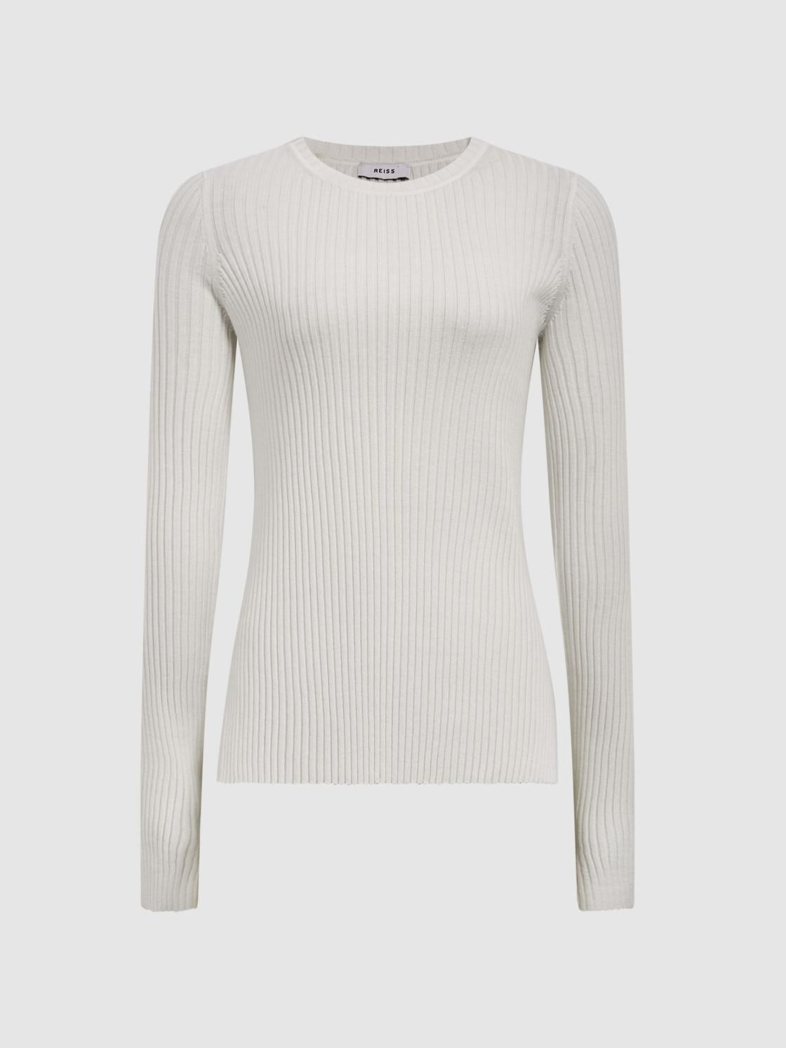 Reiss Knitwear | Elle Slim Fit Ribbed Crew Neck Split Sleeve Jumper Cream - Women
