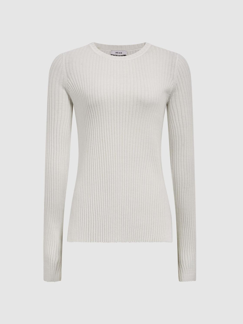 Reiss Knitwear | Elle Slim Fit Ribbed Crew Neck Split Sleeve Jumper Cream - Women