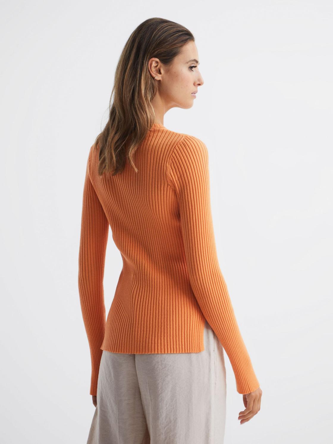 Reiss Knitwear | Elle Slim Fit Ribbed Crew Neck Split Sleeve Jumper Cream - Women