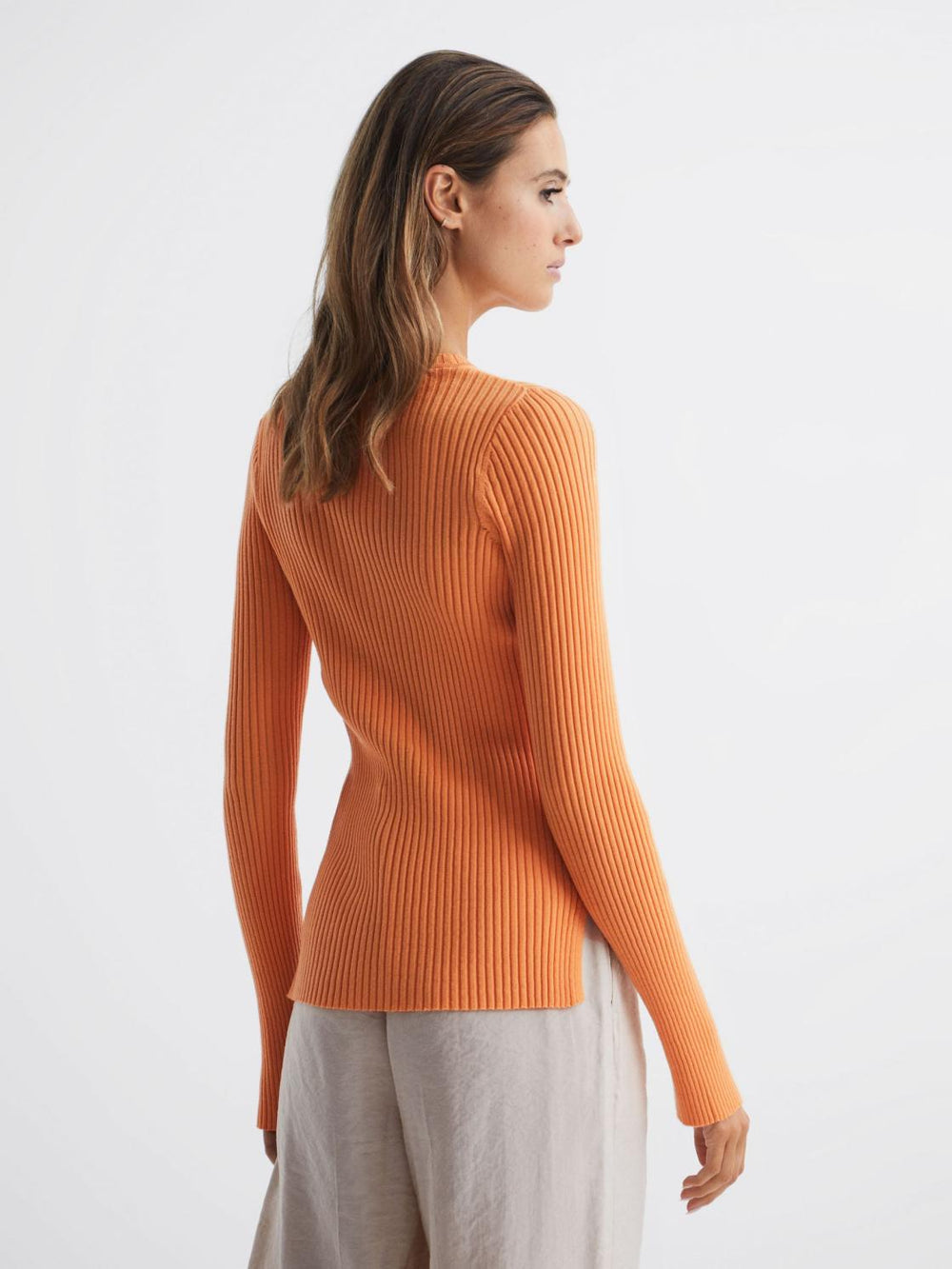 Reiss Knitwear | Elle Slim Fit Ribbed Crew Neck Split Sleeve Jumper Cream - Women