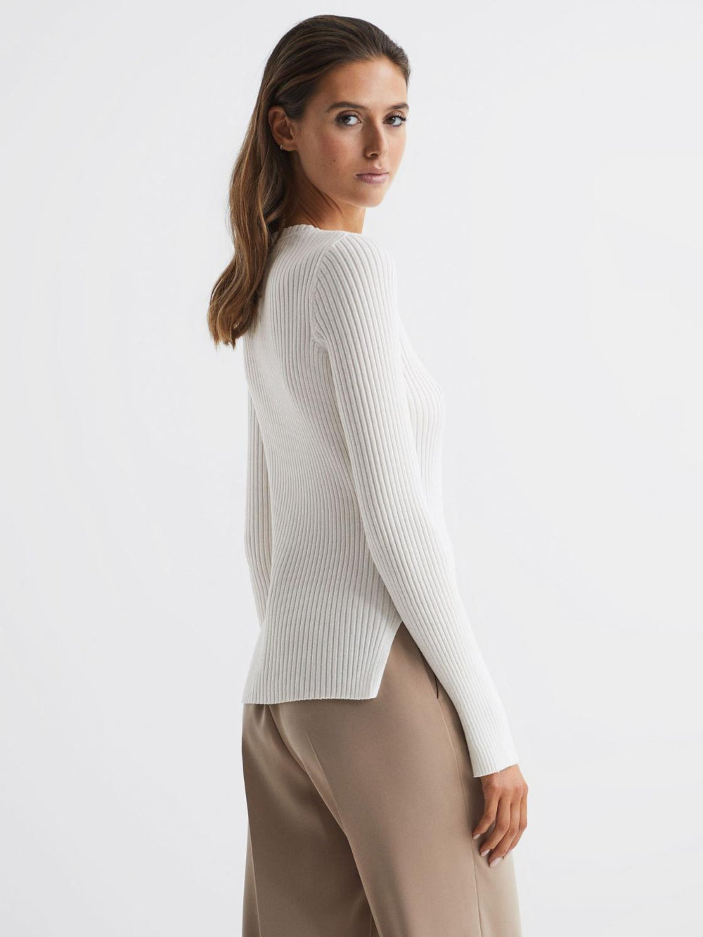 Reiss Knitwear | Elle Slim Fit Ribbed Crew Neck Split Sleeve Jumper Cream - Women