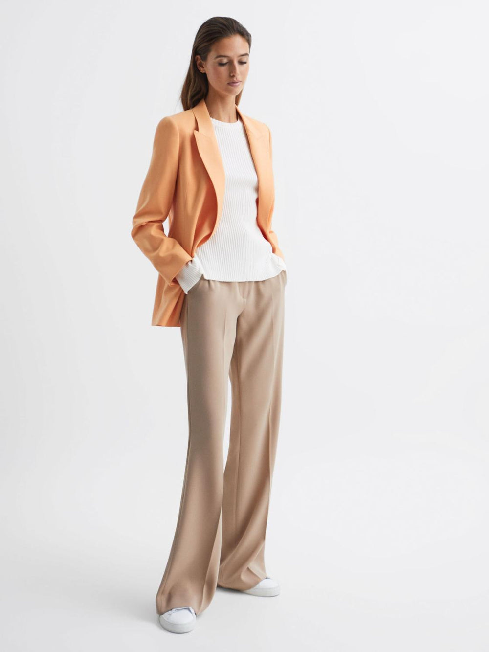 Reiss Knitwear | Elle Slim Fit Ribbed Crew Neck Split Sleeve Jumper Cream - Women