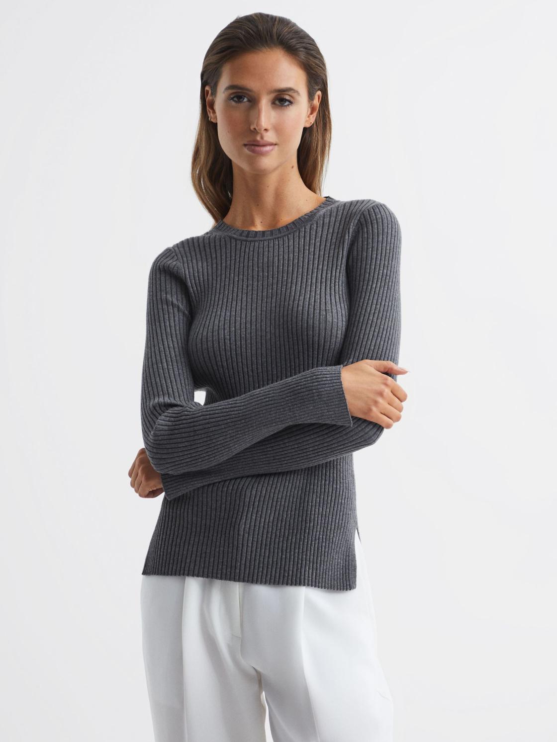 Reiss Knitwear | Elle Slim Fit Ribbed Crew Neck Split Sleeve Jumper Grey - Women
