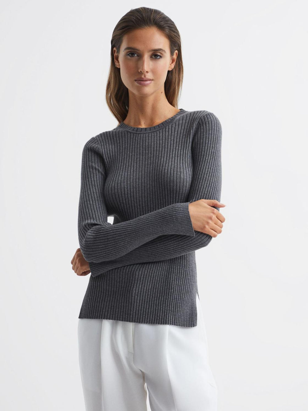 Reiss Knitwear | Elle Slim Fit Ribbed Crew Neck Split Sleeve Jumper Grey - Women