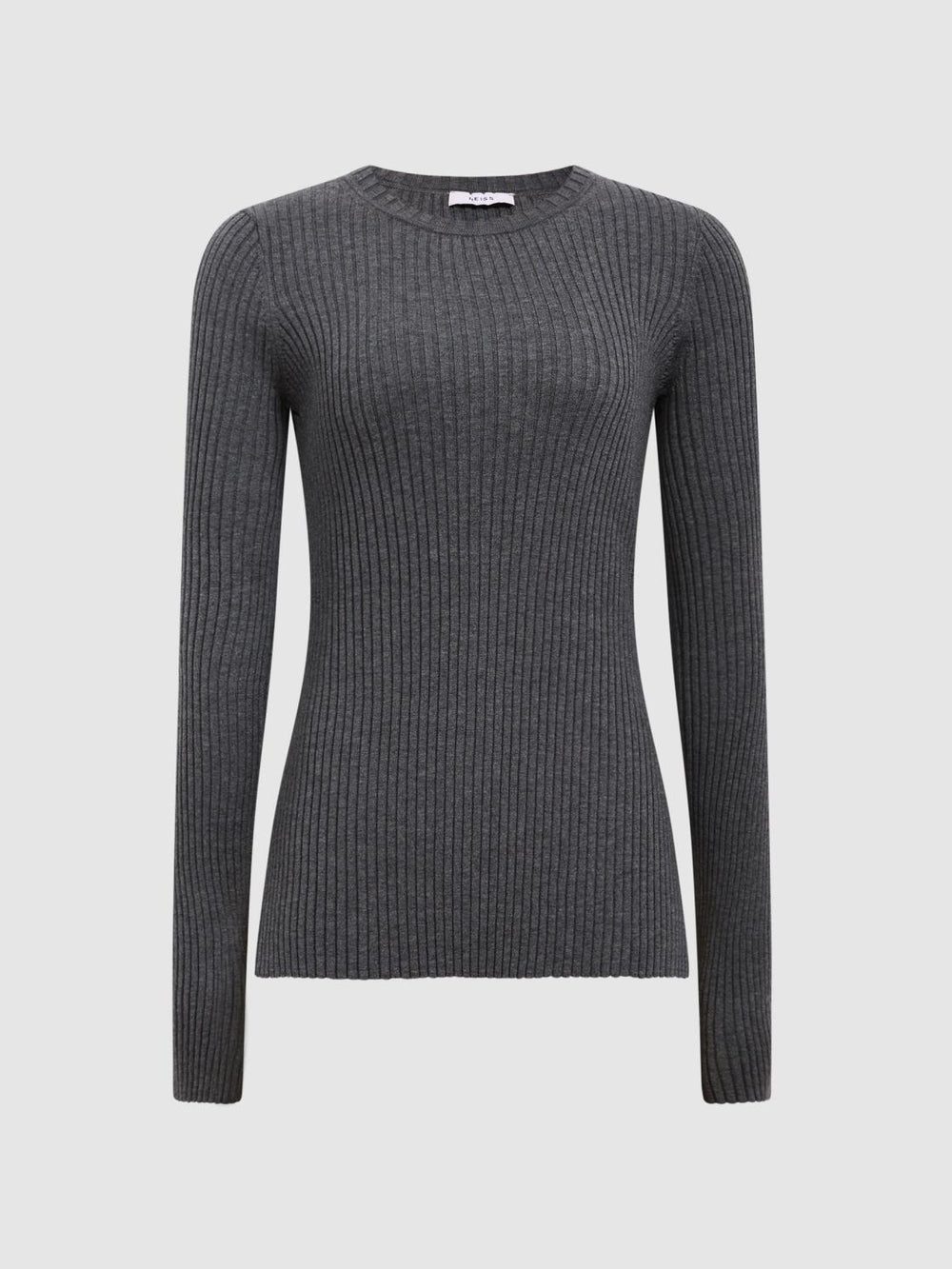 Reiss Knitwear | Elle Slim Fit Ribbed Crew Neck Split Sleeve Jumper Grey - Women