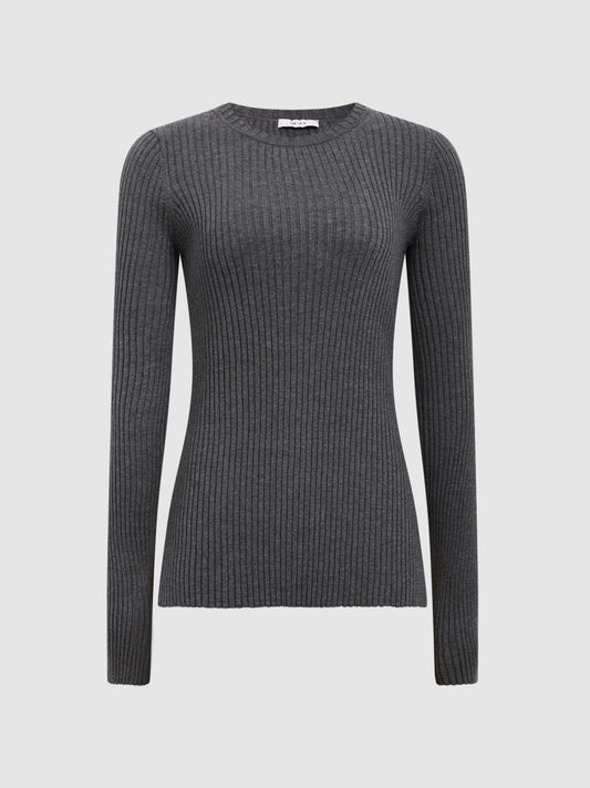 Reiss Knitwear | Elle Slim Fit Ribbed Crew Neck Split Sleeve Jumper Grey - Women