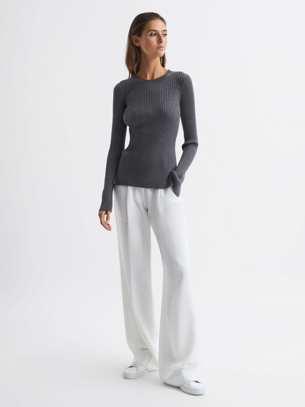 Reiss Knitwear | Elle Slim Fit Ribbed Crew Neck Split Sleeve Jumper Grey - Women