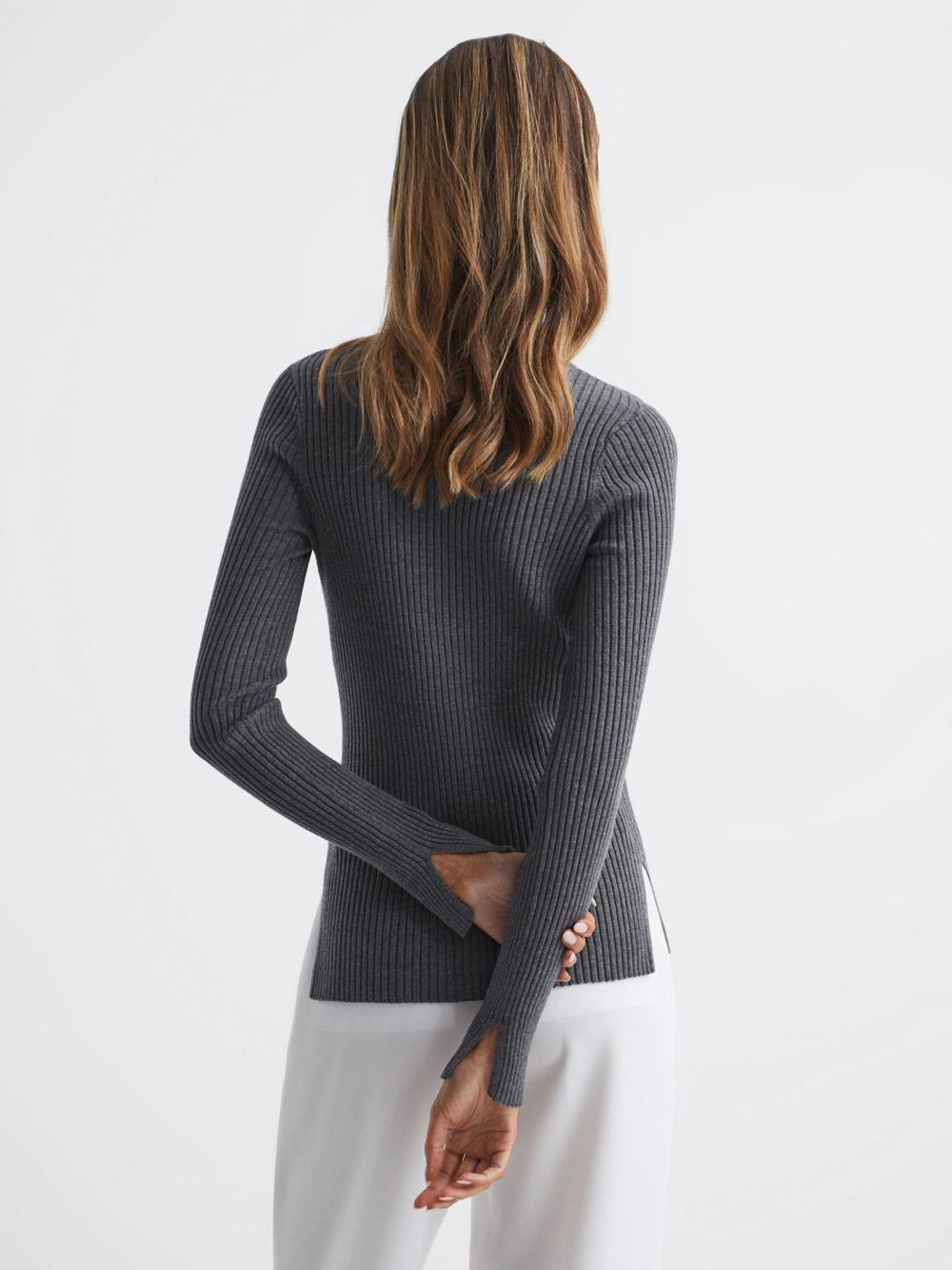 Reiss Knitwear | Elle Slim Fit Ribbed Crew Neck Split Sleeve Jumper Grey - Women