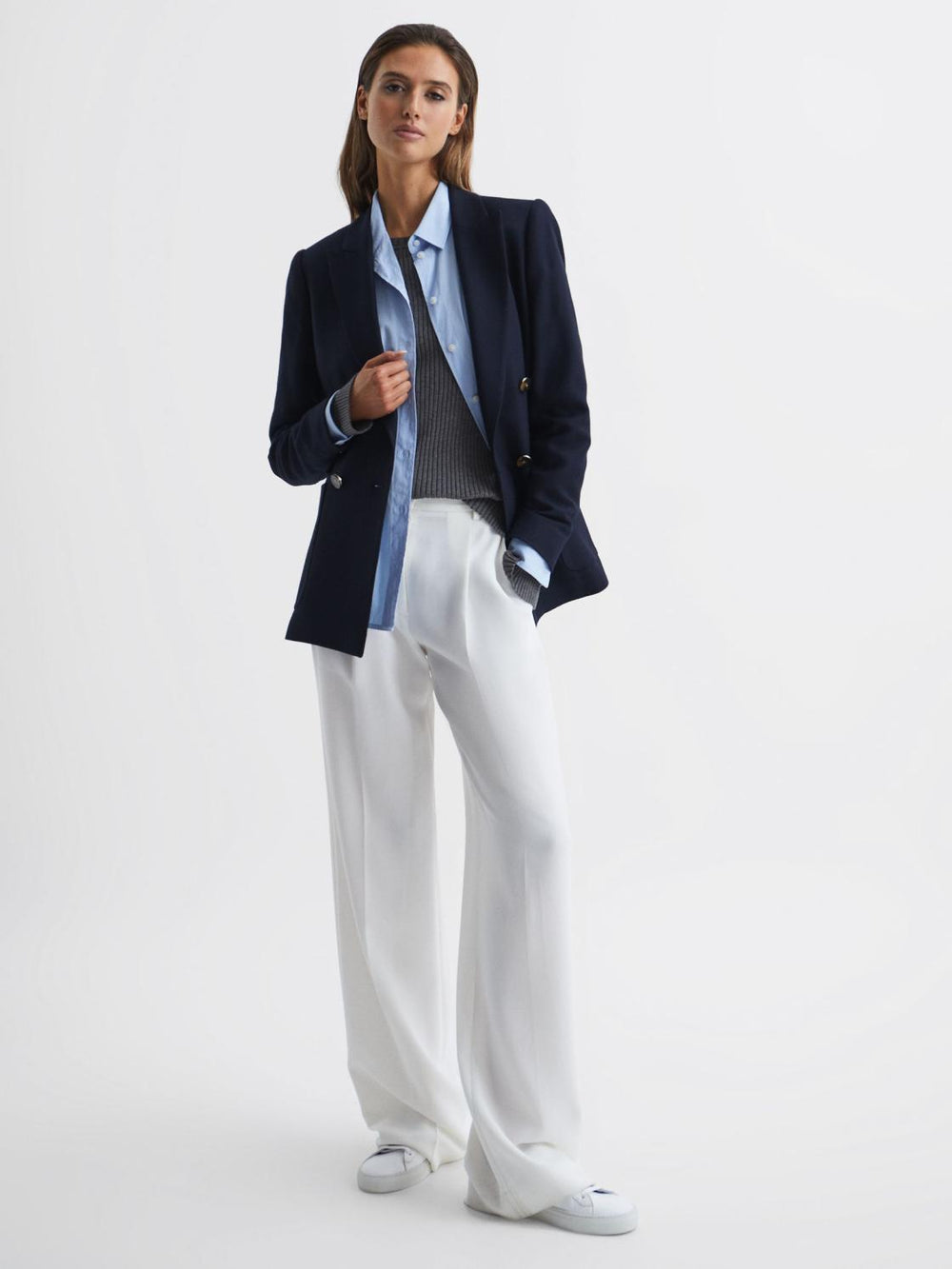 Reiss Knitwear | Elle Slim Fit Ribbed Crew Neck Split Sleeve Jumper Grey - Women