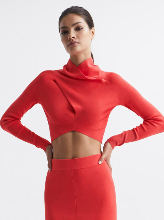 Reiss Knitwear | Elsie High Neck Cropped Co Ord Top Coral - Women