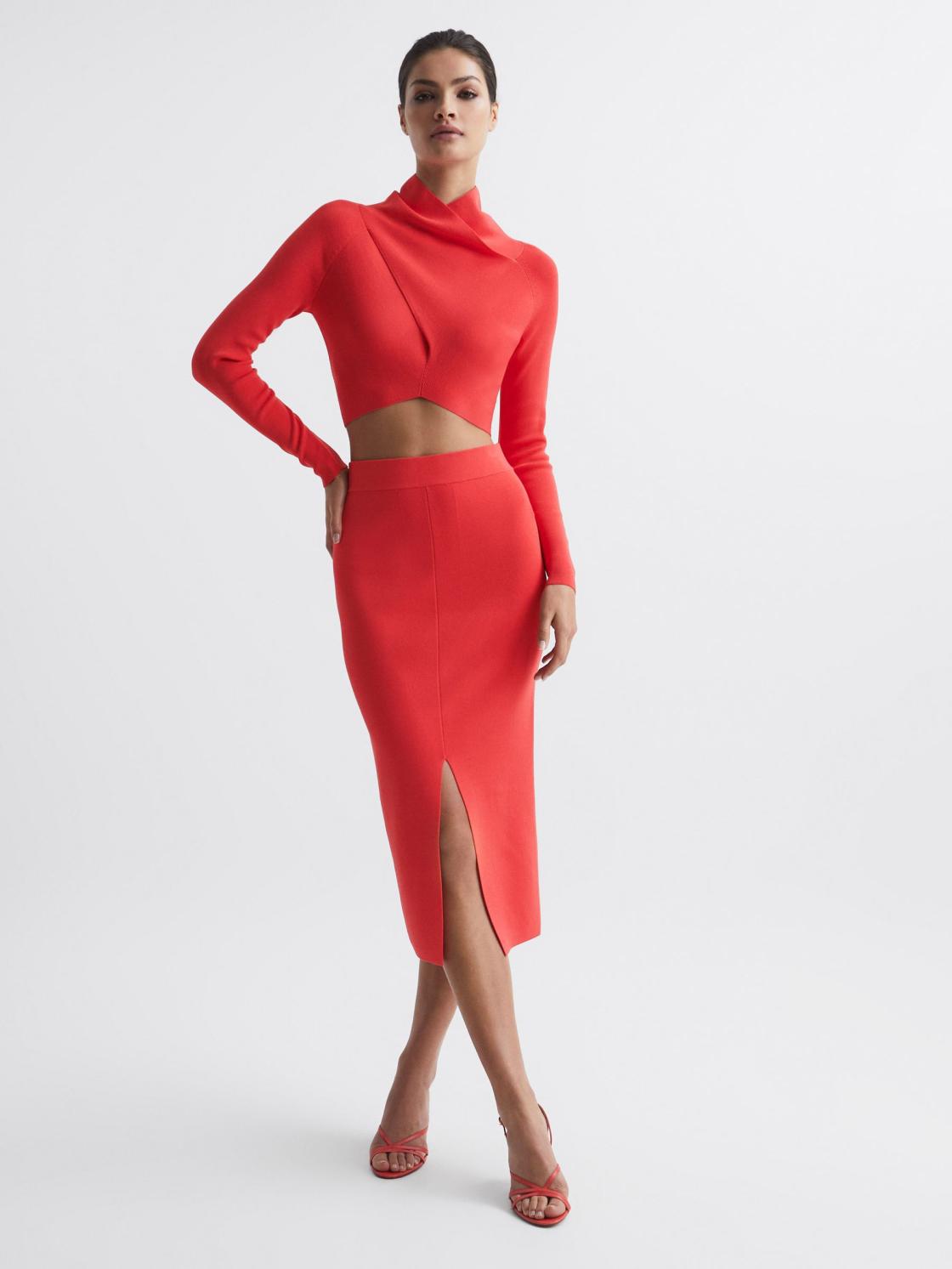 Reiss Knitwear | Elsie High Neck Cropped Co Ord Top Coral - Women