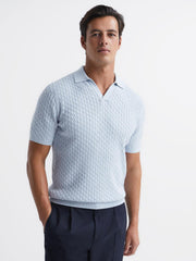 Reiss Knitwear | Federico Slim Fit Cable Knit Open Collar Polo Shirt Ecru - Men