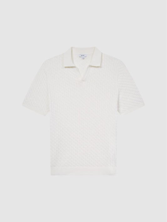 Reiss Knitwear | Federico Slim Fit Cable Knit Open Collar Polo Shirt Ecru - Men